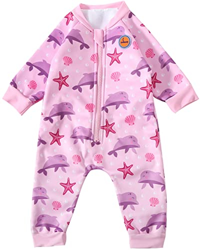 Swimbubs Baby Swim Warm Suit Garçons Combinaison Polaire Doublée Filles UV UPF50 Maillot de Bain Protection Solaire (6-12 Mois, Pink Dolphin)