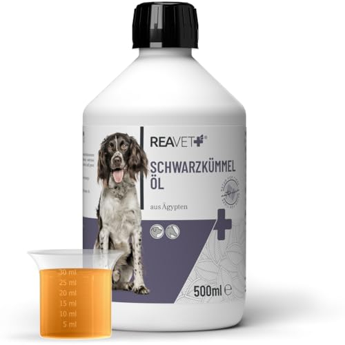 ReaVET Schwarzkümmelöl für Hunde & Pferde 500ml, Kaltgepresst aus echter Schwarzkümmelsaat Nigella Sativa, Reines Schwarzkümmel Öl zur Fellpflege & Fütterung mit Omega-6 & Omega-9