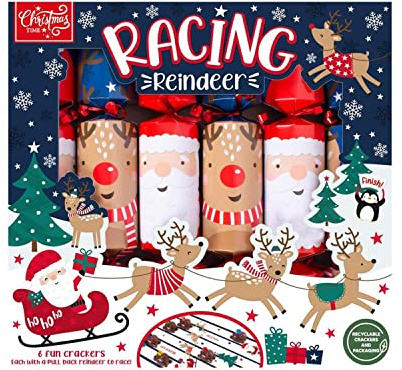 6 Christmas Crackers Racing Board Game Xmas Table Fun Gifts Hats Reindeer Xmas Games Crackers Festive Fun