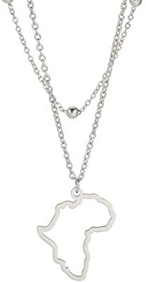 EUEAVAN Afrika Karte Anhänger Halskette für Frauen Karte von Afrika Land Anhänger Halskette geschichtet Hollow Out Afrika Kontinent afrikanischen Schmuck Geschenk (Silberne Halskette)