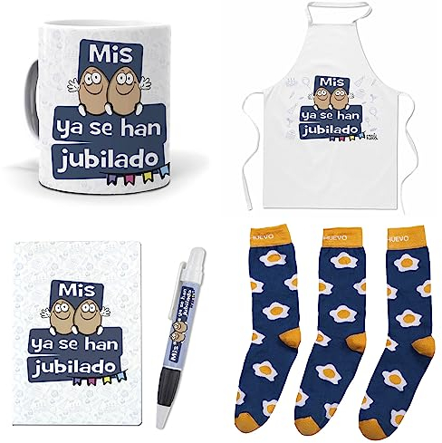 mundohuevo Que Regalar para jubilacion Hombre. Mis Huevos ya se han Jubilado. Taza,Delantal, libreta, boli y Trio de Calcetines