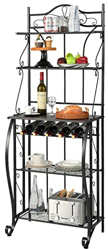COSTWAY 5-Tier Baker's Rack, Metal Microwave Oven Stand with Wine Rack, Adjustable Foot Pads & Anti-toppling Device, Freestanding Utility Storage Shelf for Kitchen, Dining Room, Living Room