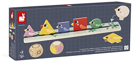 JANOD Bird Produktpalette-Formen, Größen, Farben Sortieren-76 Zubehörteile-Pädagogisches Kinderspielzeug aus FSC-Holz-Ab 24 Monaten, J05089, Mehrfarbig, 30 x 5 x 1 cm