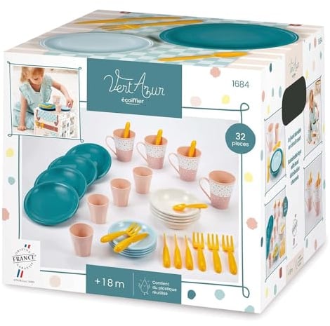 Ecoiffier- Set de Picnic Infantil Vert Azur, 32 Piezas, Juego de Imitación para niños, A Partir de 18 Meses (7600001684)