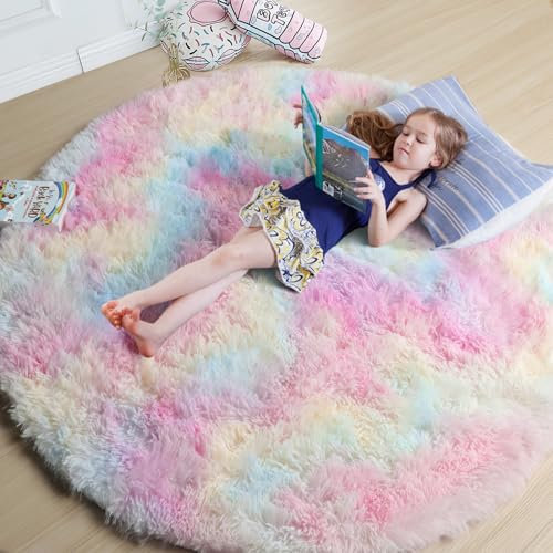 Amdrebio Regenbogen-Teppich für Mädchenzimmer - Großer, Niedlicher Pastellkreis-Teppich für Babyzimmer, Einhorn-Raumdekoration - Kawaii-Zottel, Flauschiger Plüsch für Weiche Bodendekoration