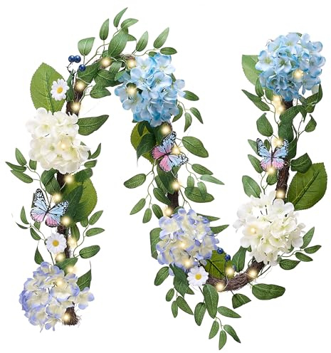 Valery Madelyn Vorbeleuchtete Frühlingsblumengirlande für Kaminsims mit Lichtern, 1,8 m, beleuchtete Sommer-Hortensien-Girlande mit Schmetterling, zur Dekoration von Zuhause, Hochzeitstag, Wandtisch,