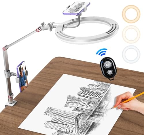10 Anillo de luz con Soporte y Soporte para Teléfono, USB Luz de Anillo para Escritorio con obturador remoto, luz de videoconferencia con Soporte de Brazo de Escritorio Ajustable para Youtube, TiKTok