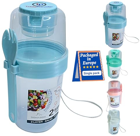 Reusable Yogurt Cups with Lid, BPA Free, 19Oz/560ml +310ml Overnight Oats Jar Clear 3 in 1 Breakfast Container, Cereal and Milk Yogurt Pot Juice Salad Food Storage Bowl by TradeProvider® (Blue Pot)