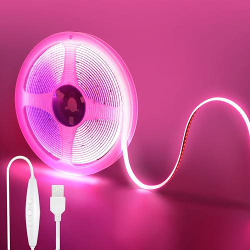Clearhill Fita LED COB USB 5V con Interruttore Regolabile, 5M, Rosa, 320 LED/M, 8mm, IP20, Cavo USB 1.5M, Decorazione Interna DIY