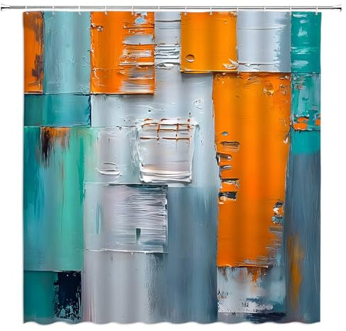 JIRGIXA Teal Orange Shower Curtain Turquoise and Blue Orange Abstract Brushstrokes Painting Modern Art Vintage 70x70 Fabric Bathroom Decor Curtain with Hooks