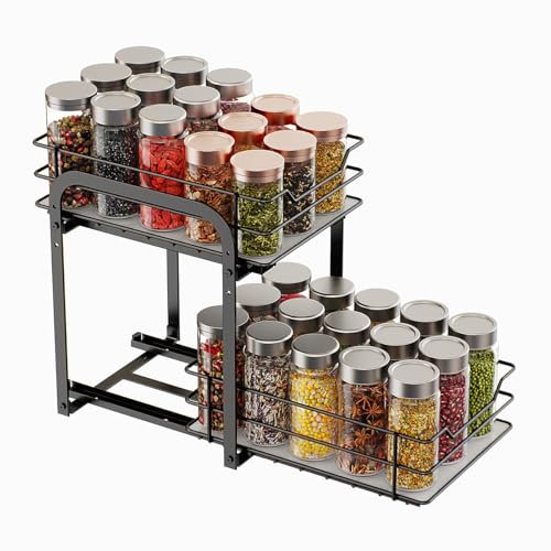 TDSYDS Gewürzregal Ausziehbar 2 Etagen, Gewürz Organizer Schrank,Gewürzständer Stehend,Spülschrank Organizer,Spice Rack,Küchenschrank Regal Ausziehbar L26.5*B20*H23CM, Geeignet Meisten Küchenschränke