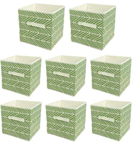 Supernic Cube Storage Boxes 27x27x28cm Foldable Organiser Basket Containers Fabric with Handles Collapsible Storage Box Clothes Basket Containers for Home Office Nursery Organisation (Green Striped)