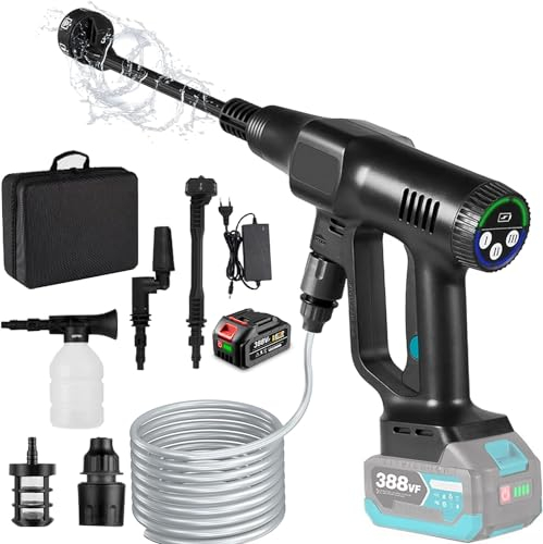 Idropulitrice a Batteria,Pressione Regolabile a 3 Stadi MAX 200bar,Idropulitrice Portatile con 6 In 1 Ugello Tubo da 5 M idropulitrice senza fili per Auto Pulire Giardino (Nero con 1 batterie)