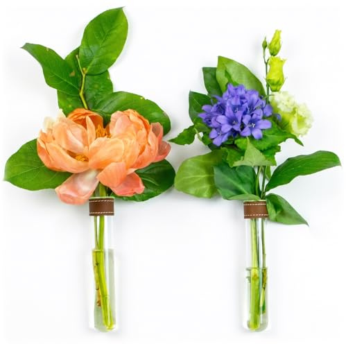 TWILG - Reagenzgläser für Blumen mit cognackfarbenem Leder und Wandmagnet - 2er Set - Blumenvase, Reagenzgläser mit Ständer, Reagenzglas Wand, Magnetische vase