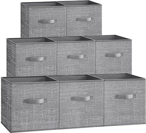 SONGMICS Storage Cubes, 30 cm Non-Woven Fabric Bins with Double Handles, Set of 8, Wardrobe Organisers for Shelves, Foldable, for Clothes, Cattail Grey ROB830G01
