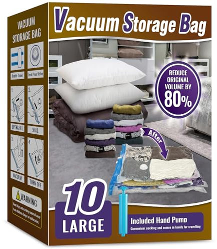 Oumaru Vacuum Storage Bags for Clothes, 10 Pack Vacuum Bags, Space Saver Bags for Clothes, Duvets and Pillows, Hand Pump Included (Large)