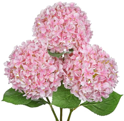 Arborus 3PCS Artificial Hydrangea Flowers 26.3 Long Stem Pink Hydrangea Artificial Flowers Realistic Faux Hydrangeas with 6.6 Large Bloom Fake Silk Flower for Home Wedding Table Centerpiece Decor
