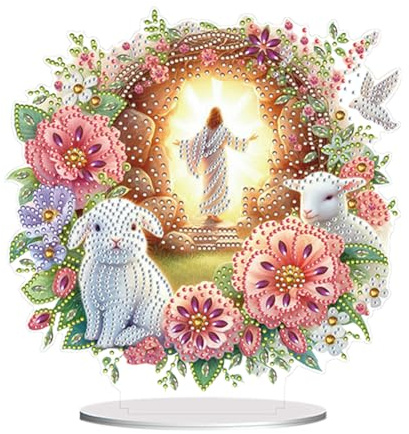 Starnearby DIY Diamond Painting Ostern Deko Diamond Painting Aufsteller Diamant Painting Ostern Tischdeko Diamant Malerei Stehend Kunst Set Osterdekoration Geschenke für Frauen (Kaninchen und Jesus)
