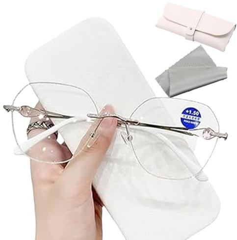 Generisch Damen-Diamant-Randlose Anti-Blaulicht-Presbyopie-Brille, Stilvolle quadratische randlose Lesebrille mit Strasssteinen für Damen, blaues Licht, Gegen Überanstrengung der Augen (Silver,2.5X)