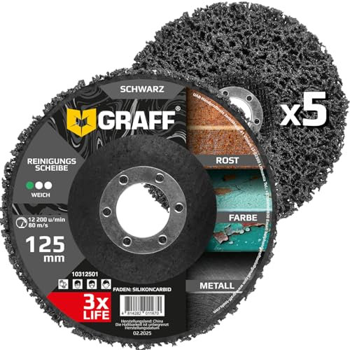 Reinigungsscheiben 125mm für Winkelschleifer – CSD Scheibe 125 mm Fein für Metall, Edelstahl, Stahl, Farbe – Schwarz Grobschleifscheiben, Gewebescheibe und Rostenferner für Flex 5 Stück GRAFF