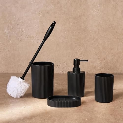 OHS Ribbed Bathroom Accessories Set, Bathroom Organiser Accessories for Home Small Bathroom Toilet Brush Soap Dispenser Toothbrush Holder Storage Bath Gift Set, Black