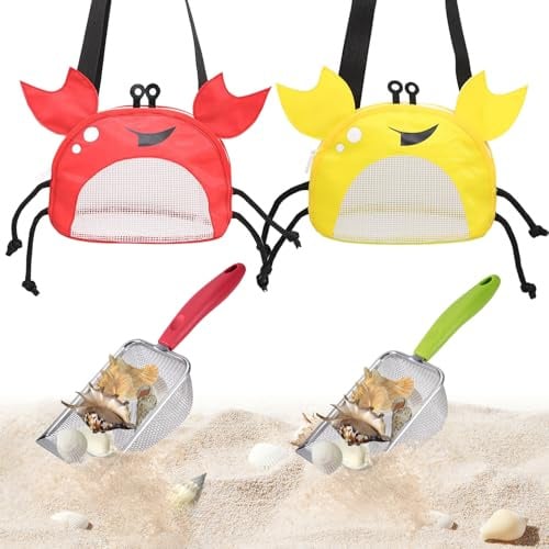 BAIRUYAO Lot de 4 jouets de plage en maille avec pelle et sac de plage en maille, pour filtre à sable et collecte de coquillages, tamis à sable, outils de collecte de coquilles (rouge-jaune)