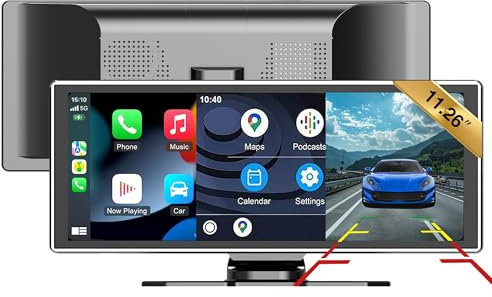 SCUMAXCON 11,26 Tragbares Autoradio – Kabelloses CarPlay, Android Auto, AirPlay, Android Cast mit Rückfahrkamera, IPS-Touchscreen, GPS-Navigation, Bluetooth, USB, AUX, Integrierter Lautsprecher