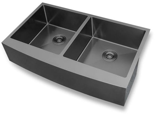 Fregadero rústico de Acero Inoxidable Gris y Negro de 35 Pulgadas - Fregadero de Cocina bajo encimera de Doble cubeta, Hecho a Mano, con escurridor y Accesorios (D) (C 90,8 x 54,8 cm)
