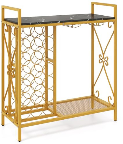 GIANTEX Casier à vin avec étagère pour 21 bouteilles et porte-gobelets, grand plateau et étagère inférieure, 93 x 38 x 102 cm, meuble auxiliaire pour bar, cave, salle à manger (noir + or)