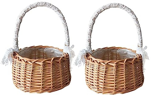 Ujjdwiurgh 2 PCS Woven Storage Basket with Handle Wedding Flower Girl Baskets Wicker Rattan Flower Baskets As Shown for Home Garden Decor