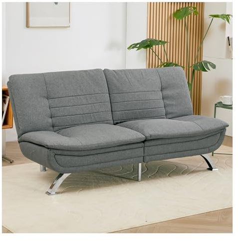 Warmiehomy Modern Linen 3 Seater Sofa Bed Upholstered Sofa Settee Recliner Couch Click Clack Sofabed with 2 Cushions for Living Room Guest Room Office(Grey) ﻿