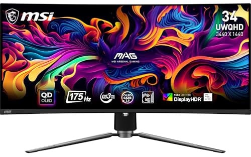 MSI MAG 341CQPA QD-OLED Écran Gaming incurvé 34.18 UWQHD | Dalle QD-OLED 3440x1440, 175Hz, 0,03ms, courbure 1800R, compatible VESA, HDMI, DisplayPort, USB-C, FreeSync Premium Pro