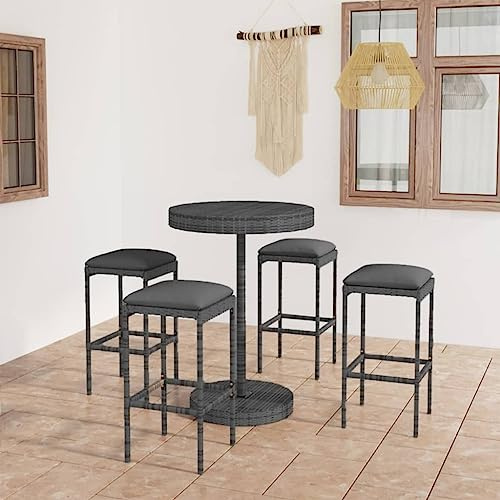 Tonture 5-TLG. Gartenbar-Set, Poly Rattan Grau mit Kissen, Bartisch & 4 Barhockern, Outdoor Möbel für Terrasse, Balkon, Garten, platzsparendes Patio Furniture Set