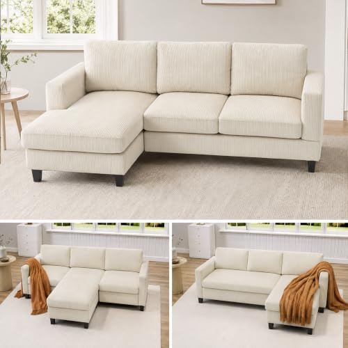 HOMCOM Sofá Chaise Longue Sofá de 3 Plazas de Pana para Salón 214 cm Beige | En Forma de L, Asiento y Respaldo Acolchados