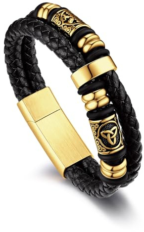Bandmax Mens Leather Bracelet, Viking Jewellery Black Braided Rope Wristband for Men, Stainless Steel Beaded Double Layer Leather Cord