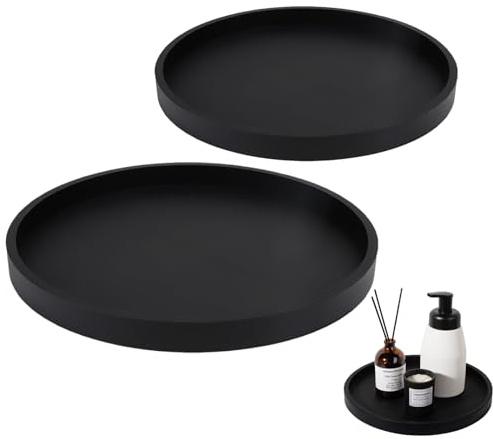 2 Pcs Coffee Table Decor, Candle Tray and Decorative Tray, Black Tray Decorative for Bathroom and Table, Round Tray Decorative with Mirror Tray Design, Set of Two in Black S Size 18 cm 180g