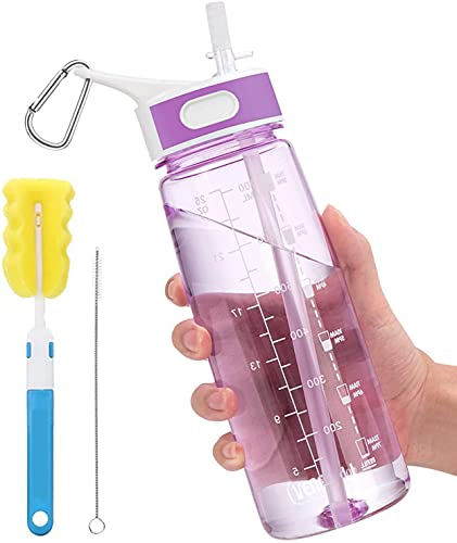 VENNERLI Wasserflasche 800ml Sport Trinkflasche mit Strohhalm Griff Zeitmarkierungen Auslaufsicher BPA Frei Ideal für Fahrrad Sport Yoga Camping (800ml Lila)