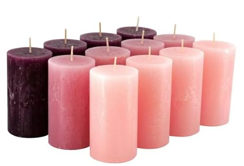 Rustikale Stumpenkerzen – 12 Stück - Wachskerzen/Rustickerzen/Adventskerzen Weihnachten (Rosa-Mix, Standard: Höhe 11cm / Ø 6cm)
