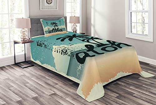 ABAKUHAUS Aloha Tagesdecke Set, Schmutz-Typografie-Palmen, Set mit Kissenbezügen Waschbar, für Einzelbetten 170 x 220 cm, Seafoam Creme
