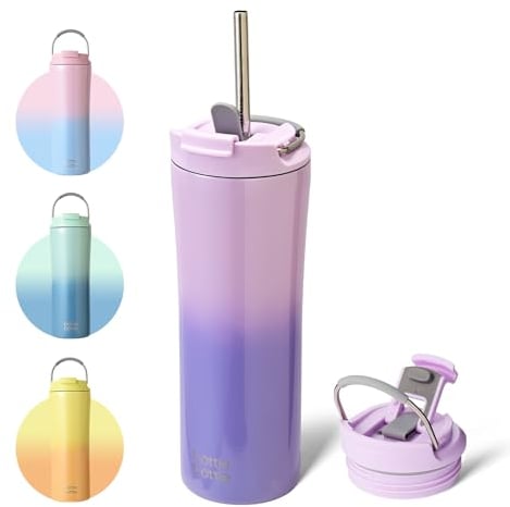 bottlebottle Bottle Bottle Insulated Travel Mug with Straw and Dual-use Lid Stainless Steel Coffee Cup 500ml(18oz) Thermal Iced Coffee Flask Tumbler with Handle(Purple Gradient)