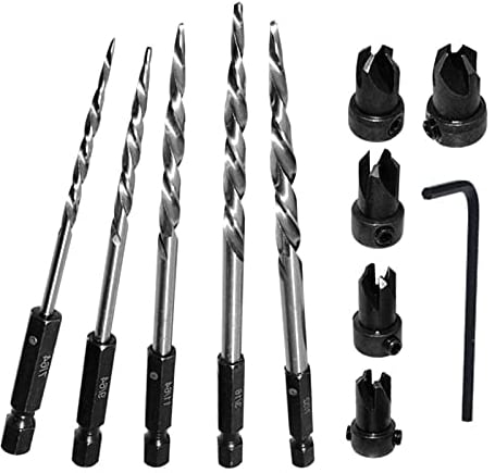 Lot de 12 forets à bois HSS #4, 6, 8, 10, 12, tige de 6,35 mm avec forets coniques en acier rapide et clé hexagonale pour changement rapide, bois, accessoires pour perceuses
