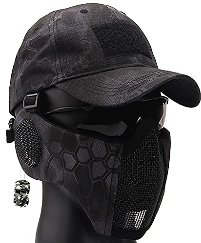 AQzxdc Tactical Hat Army Camo Cap, mit Airsoft Protect Steel Mesh Maske, Sommer Unisex Schießtraining Full Face Military Camo Sets, für Paintball Climb Camping Jagdbereich Outdoor CS,Black Sets