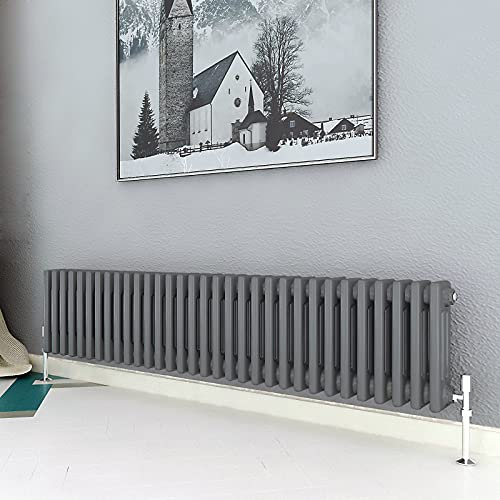 Acezanble∣3 Column Radiator, Horizontal 300mm Anthracite Wide Low Cast Iron Style Radiator Centre Heating for Window Hallway