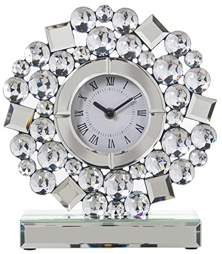 DRW Reloj de sobremesa de Cristal Espejos con Brillantes 25x8x28cm, Esfera 9cm