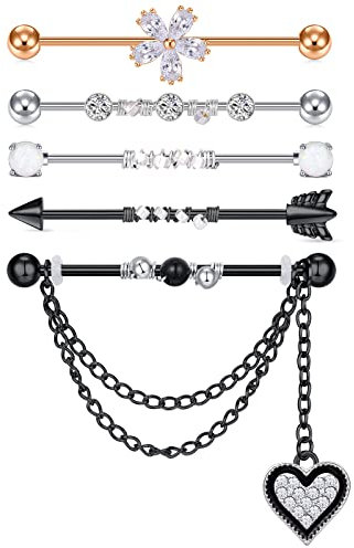 AceFun Industrial Bars Kristall Roségold Cartilage Knorpe Edelstahl Silber Gerüst Langhantelspitze gebohrte Perle Opal Weiß Zirkonium Blume Schwarz Herz Anhänger Piercing Schmuck 14 Gauge 1.6mm 38mm
