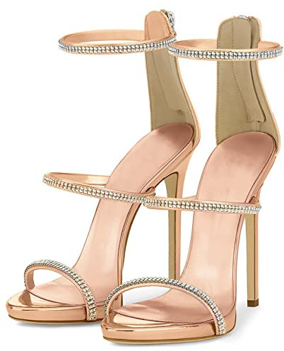 HYDgfiuf Unisex Donna 13 CM Stiletto Abito da Sposa Tacchi Alti, Strass Sandali Open Toe Sexy Stripper Club Pole Scarpe da Ballo di Grandi Dimensioni,Rose Gold,34