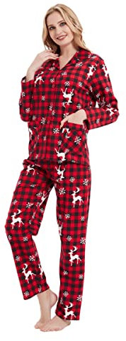 GLOBAL Pigiama Donna Flanella Cotone Maniche Lunghe Pigiami Due Pezzi da Donna Camicie da Notte da Donna Pjs Confortevole Sleepwear Caldo Morbido Plaid Rosso di Natale L