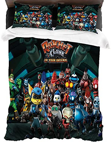 ANSSON Ratchet & Clank Kinder Bettwäsche,3-teiliges Set Weiche und gemütliche Spielfan bettwäsche - Fadingbeständige Mikrofaser Kissenbezug (Single 135x200, Clank4)