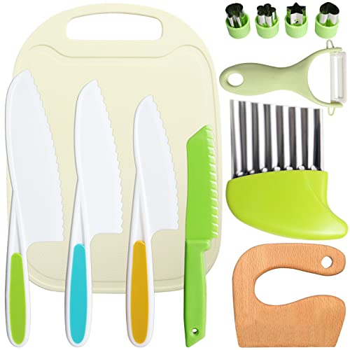 Cevikno Kindermesser Set- Kindermesser aus Holz, Küchenmesser für Kleinkinder Einschließen Schneidebrett Y-Schäler Crinkle-Cutter, Montessori Kindermesser (Gelb01)