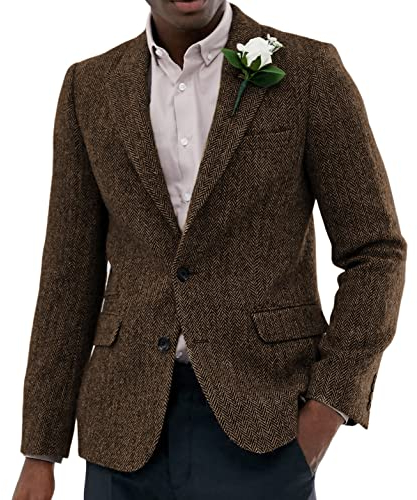 Sakko Blazer classique en tweed pour homme Coupe droite En laine pour fête de mariage, marron, L